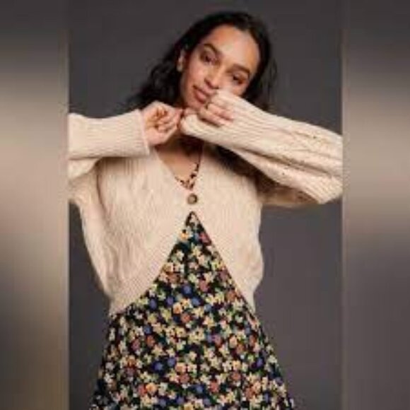 Anthropologie Tulip Cropped Cardigan Brown Cottagecore Sweater - Picture 1 of 11